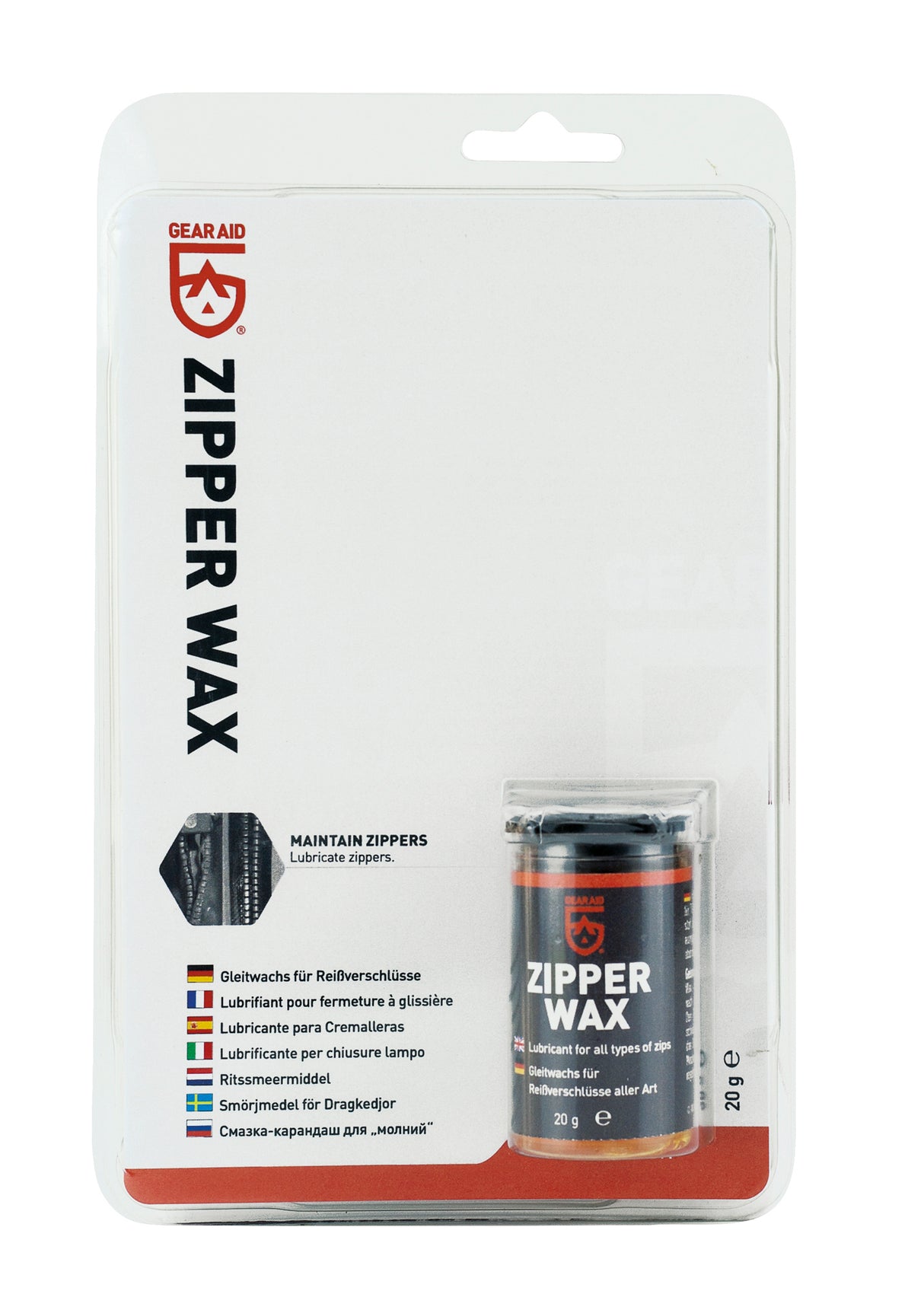Gear Aid Zipper Wax in clamshell packaging