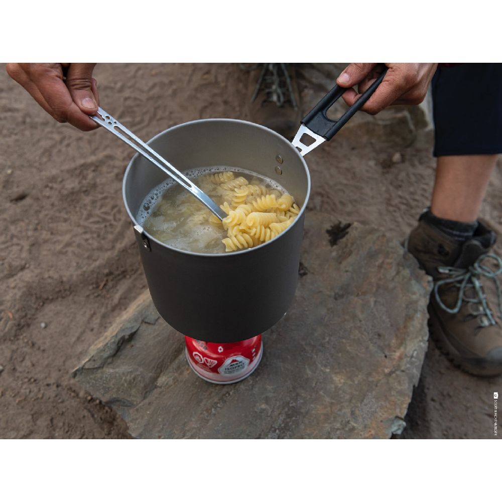 MSR Trail Lite 2L Pot in use on camping stove with pasta