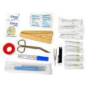 BasicNature Waterproof First aid kit 'Expedition' displaying kit content scissors, thermometer, scalpel, tape, anti-septic wipes