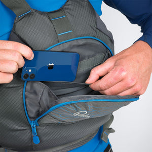 Palm Riff Whitewater Buoyancy Aid  jet grey zoom on front pocket with phone