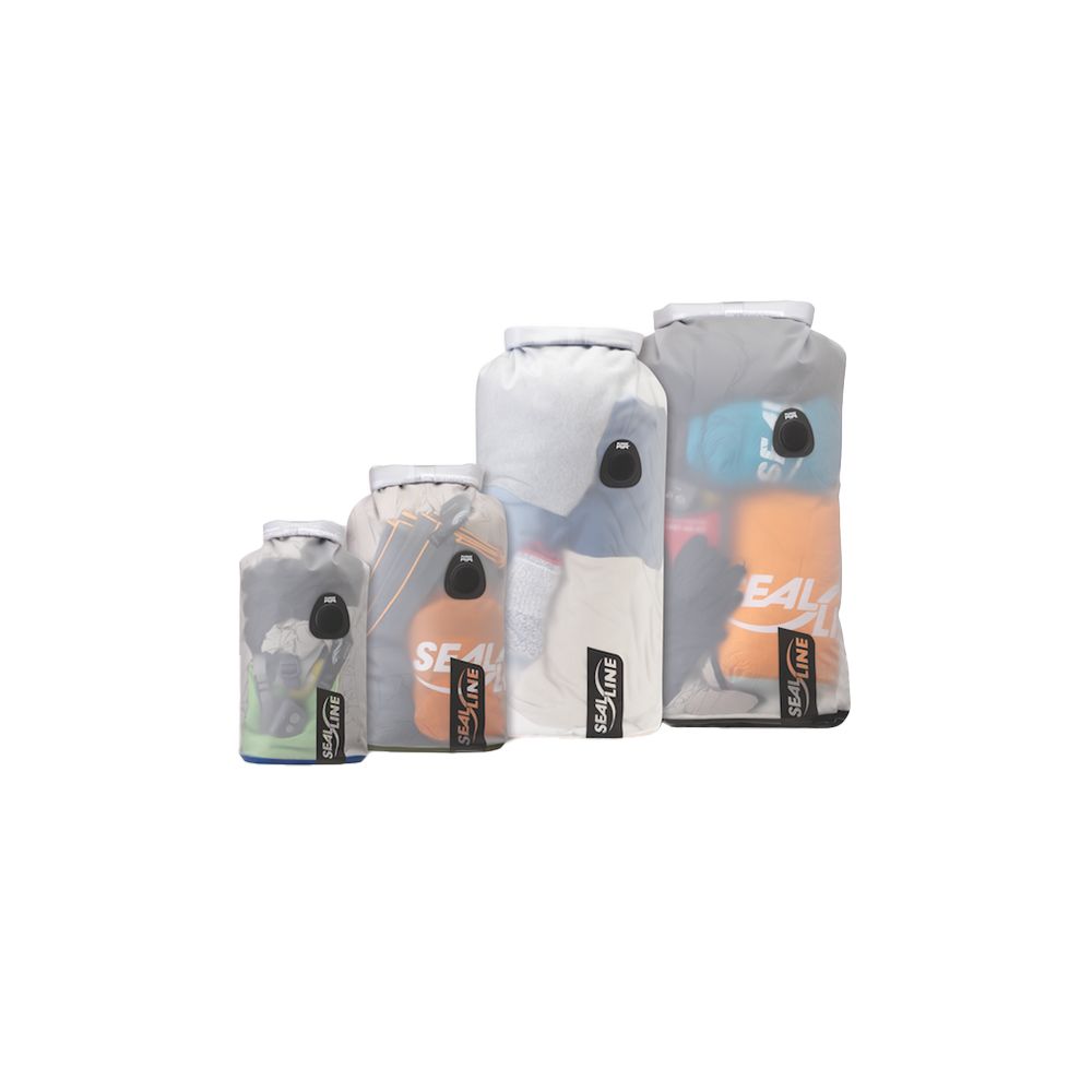 SealLine Discovery View Dry Bag showing lineup of various sizes