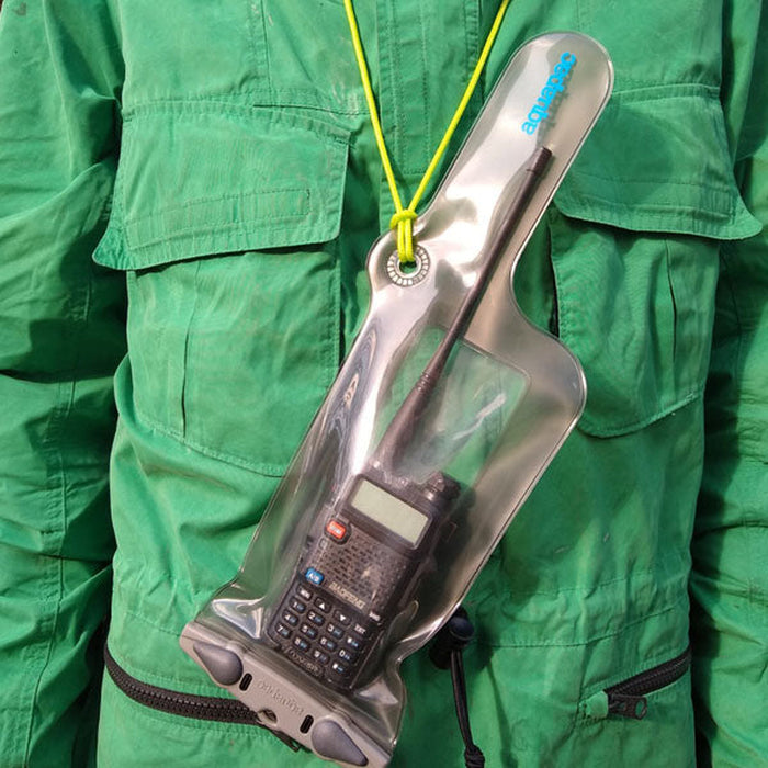 Small Aquapac VHF Classic Case on lanyard around neck