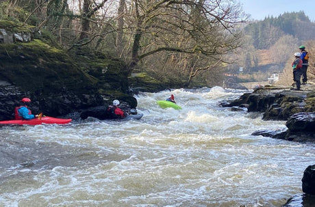 People kayaking in a river with rapids and a forested area in the background.